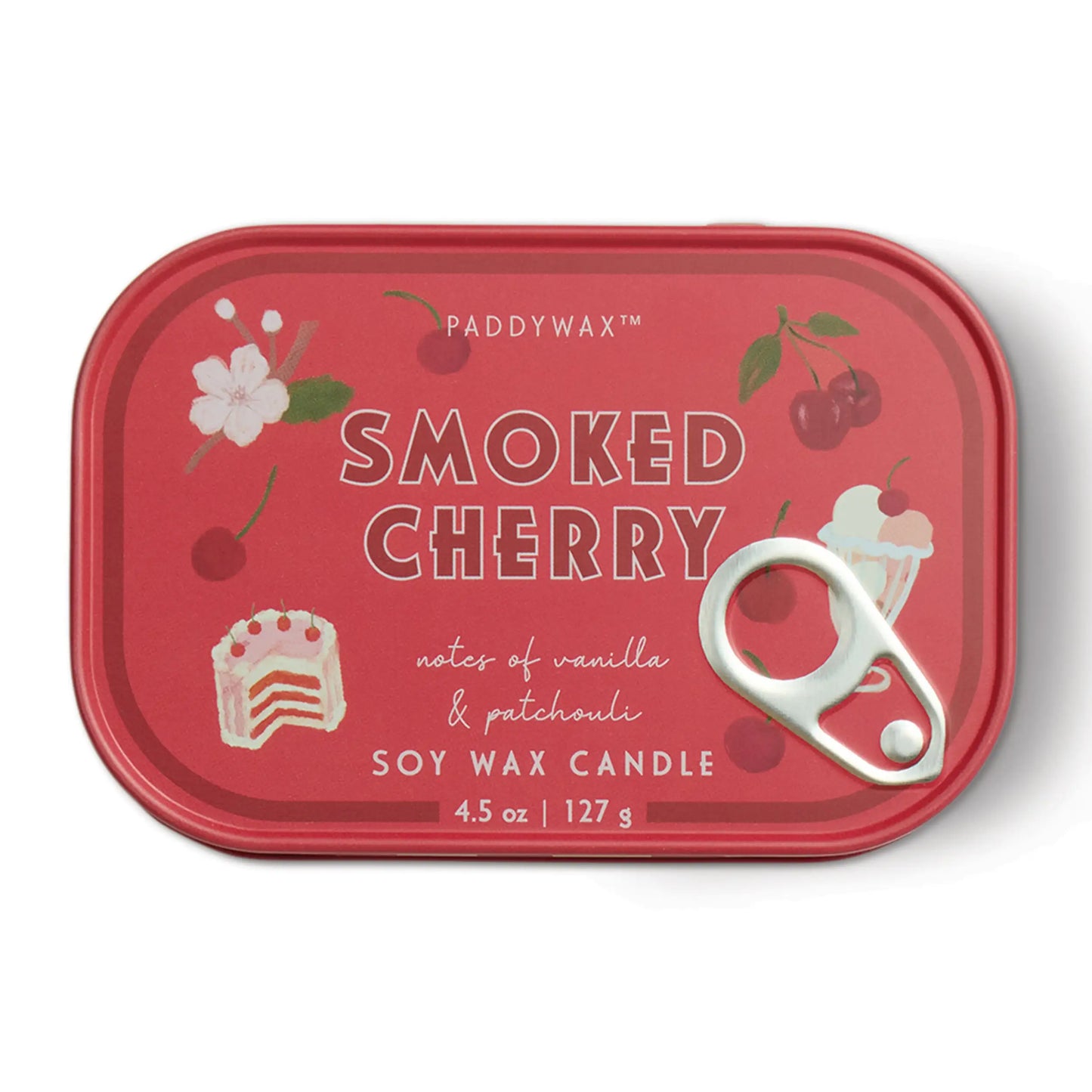 Vela aromática Paddywax Smoked Cherry en lata roja con ilustraciones de cereza, CHICA del Sur
