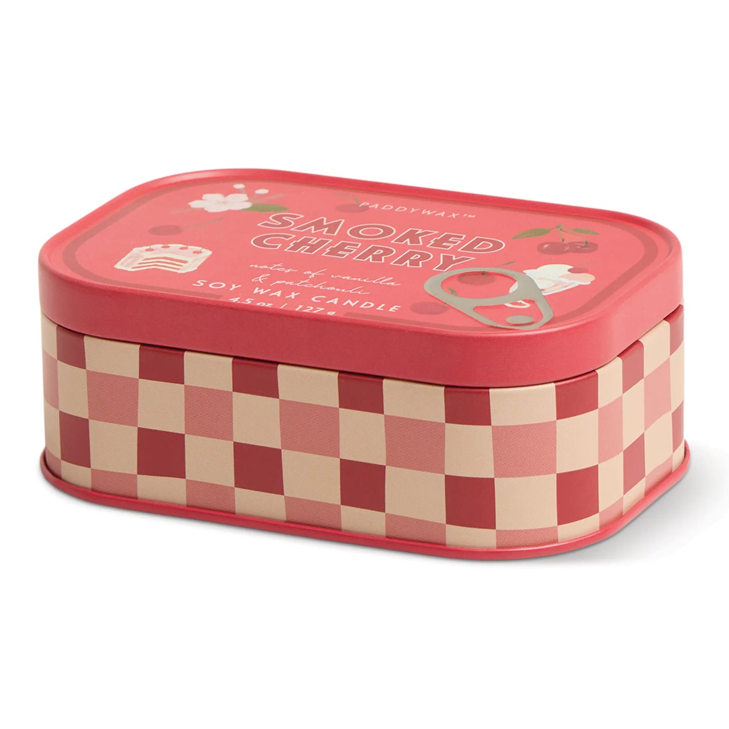 Vela Paddywax en lata roja con diseño de cuadros y cerezas, CHICA del Sur.
