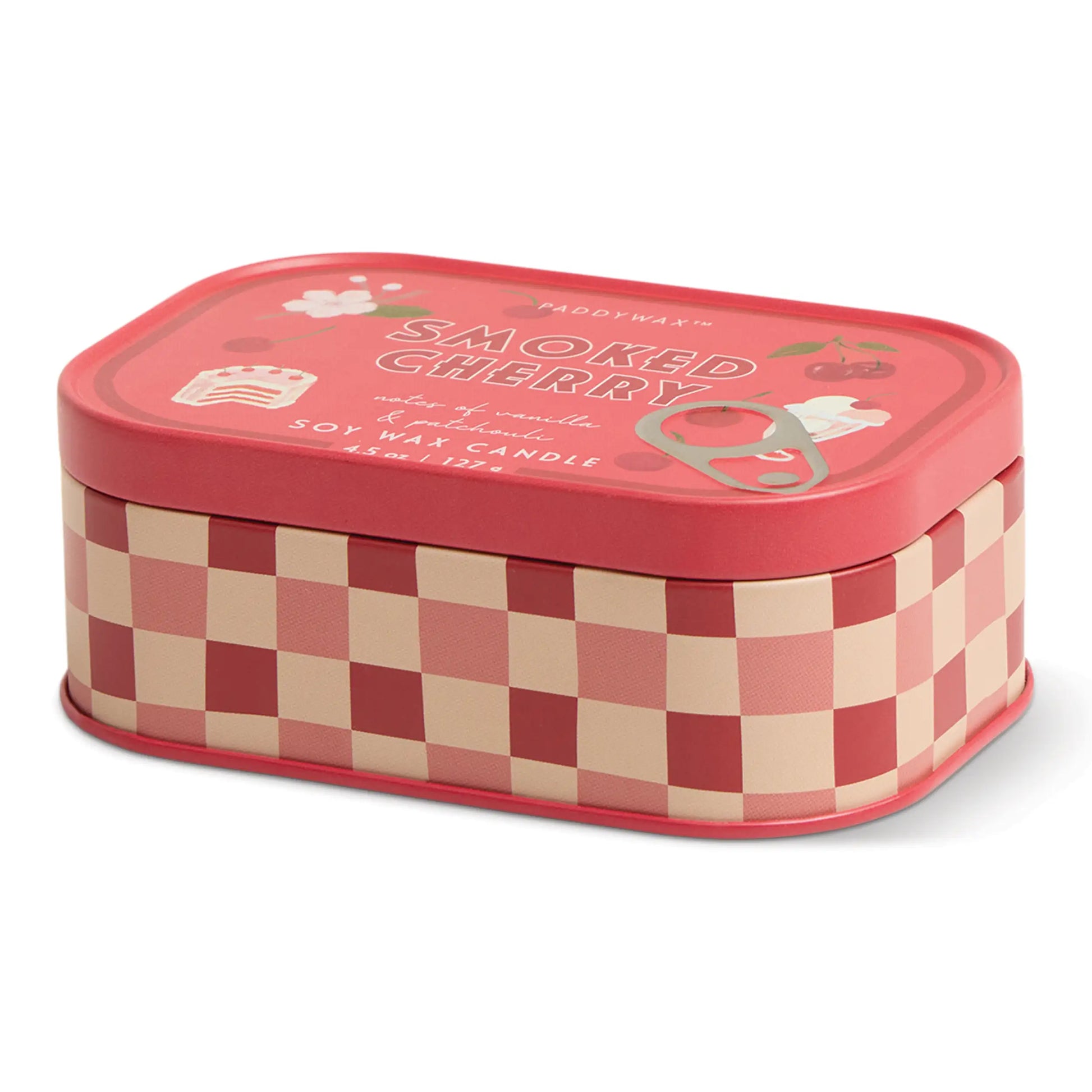 Vela Paddywax en lata roja con diseño de cuadros y cerezas, CHICA del Sur.