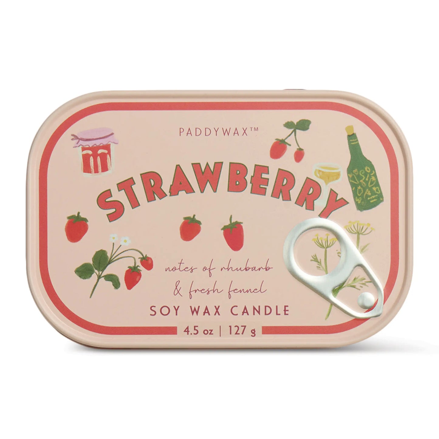 Vela aromática de soja Paddywax en lata rosa con diseño de fresas, estilo casual y femenino.