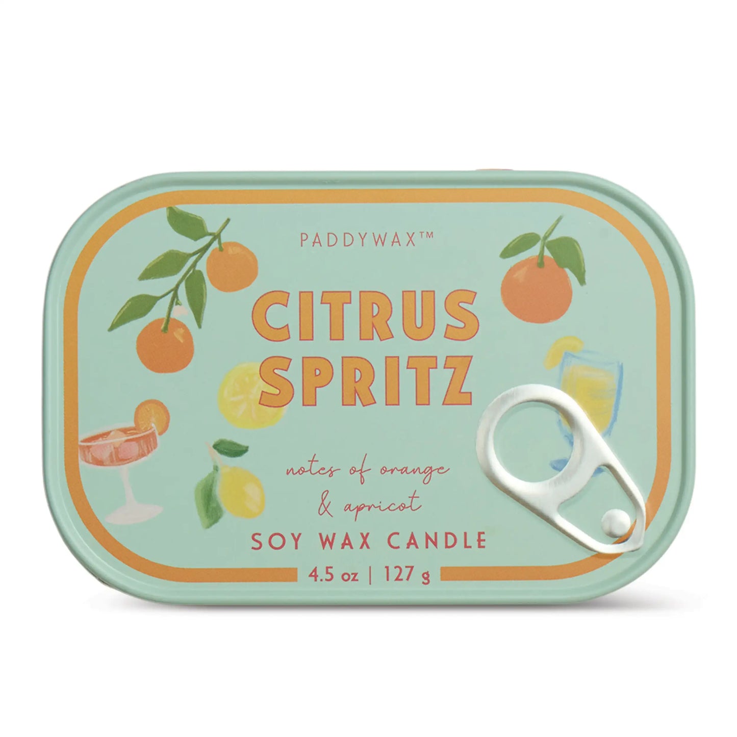 Vela Paddywax Citrus Spritz en lata verde, diseño con naranjas y limones, 127g, CHICA del Sur