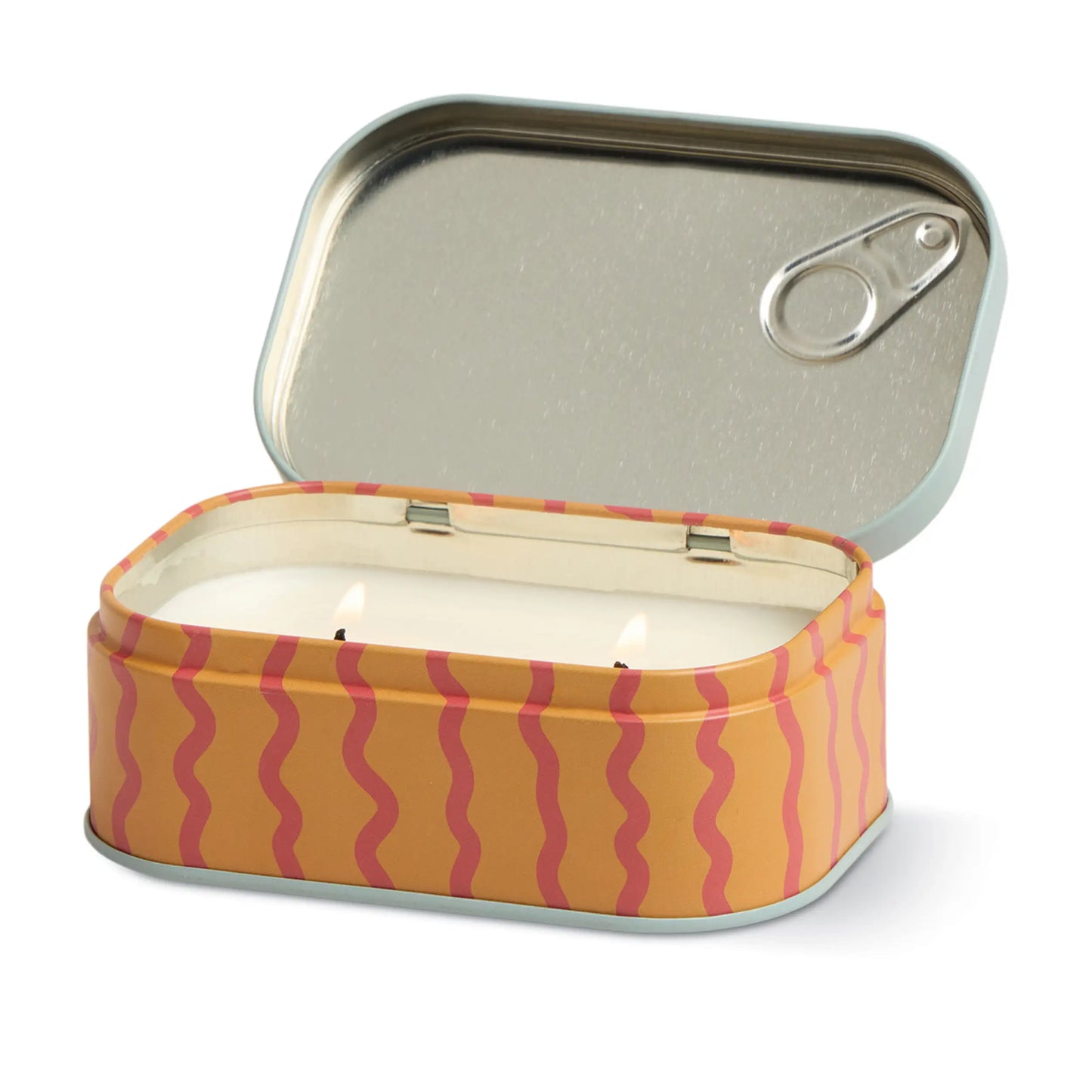 Vela aromática en lata naranja con ondas rosas, diseño original CHICA del Sur