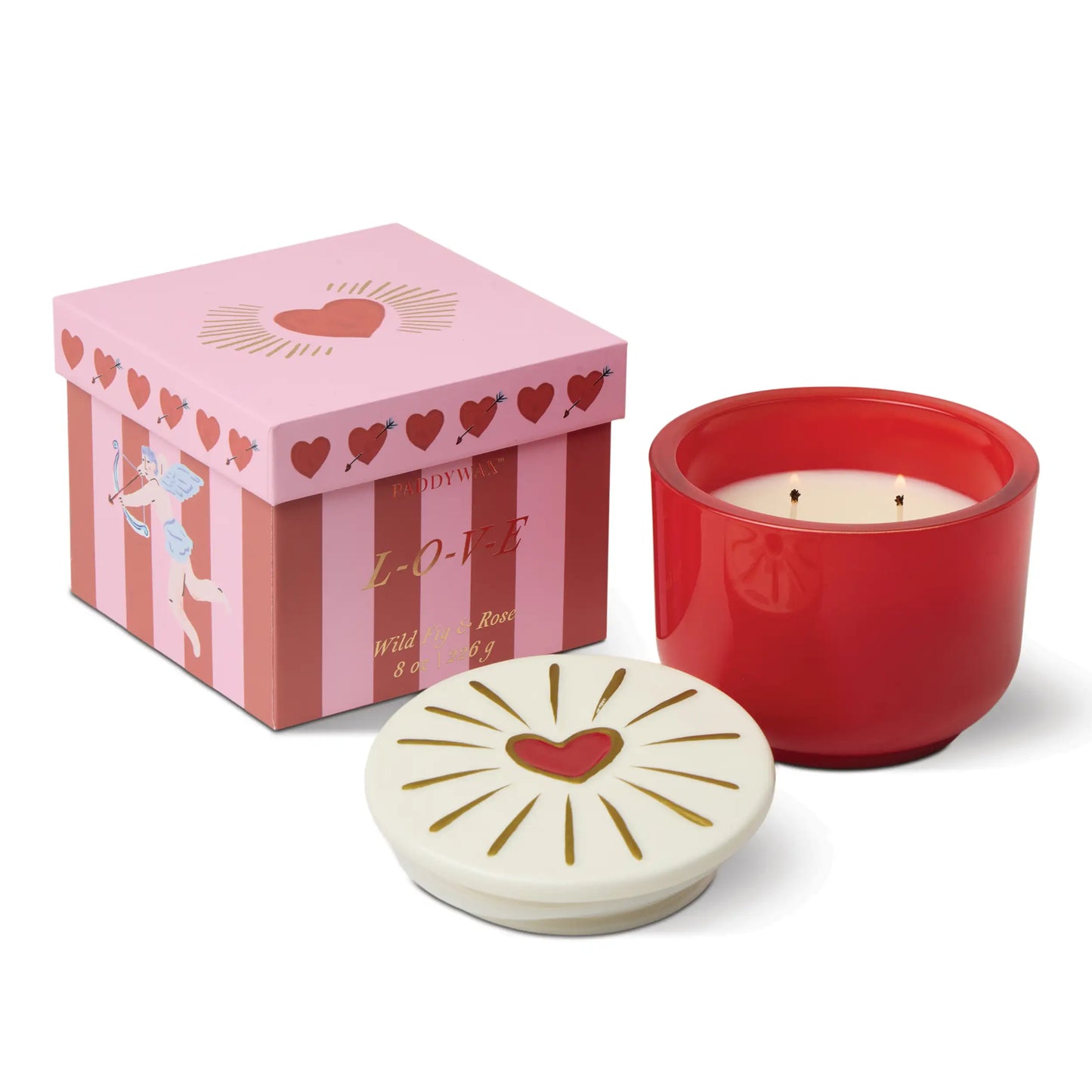 Vela aromática Paddywax roja con caja rosa de corazones y tapa decorada, CHICA del Sur