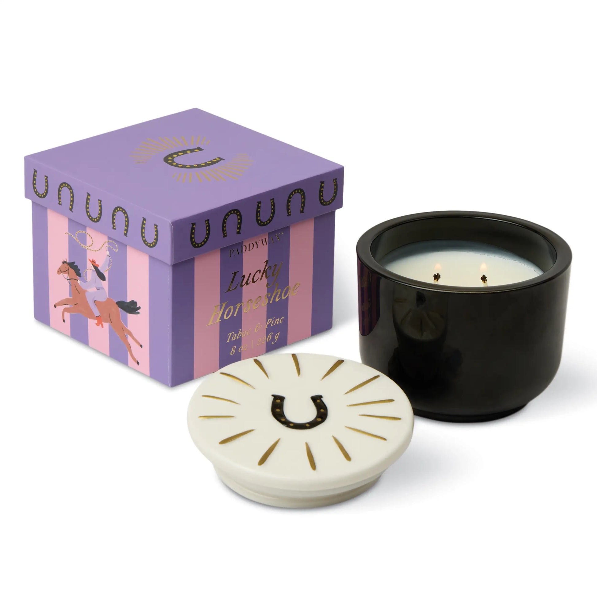 Vela Paddywax Lucky Horseshoe en frasco negro con caja decorativa violeta, CHICA del Sur