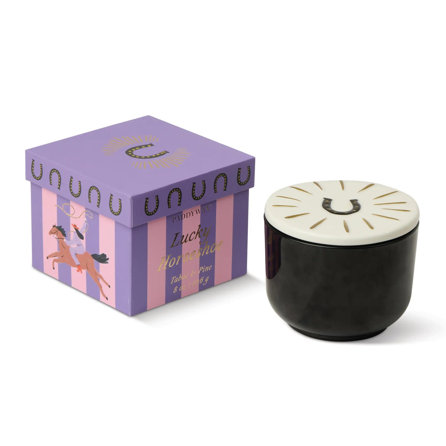 Vela Paddywax Lucky Horseshoe tabaco pino en envase negro con caja morada decorativa CHICA del Sur