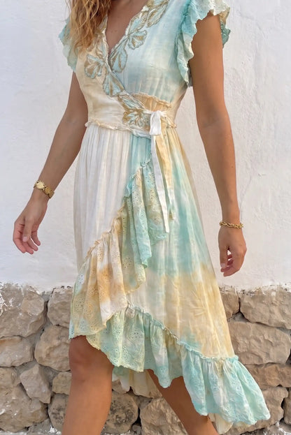 Vestido Asimétrico Turquesa de Mujer Bordado