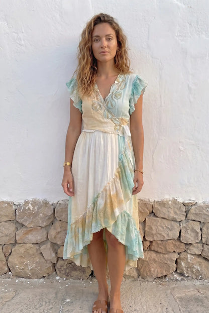 Vestido Asimétrico Turquesa de Mujer Bordado