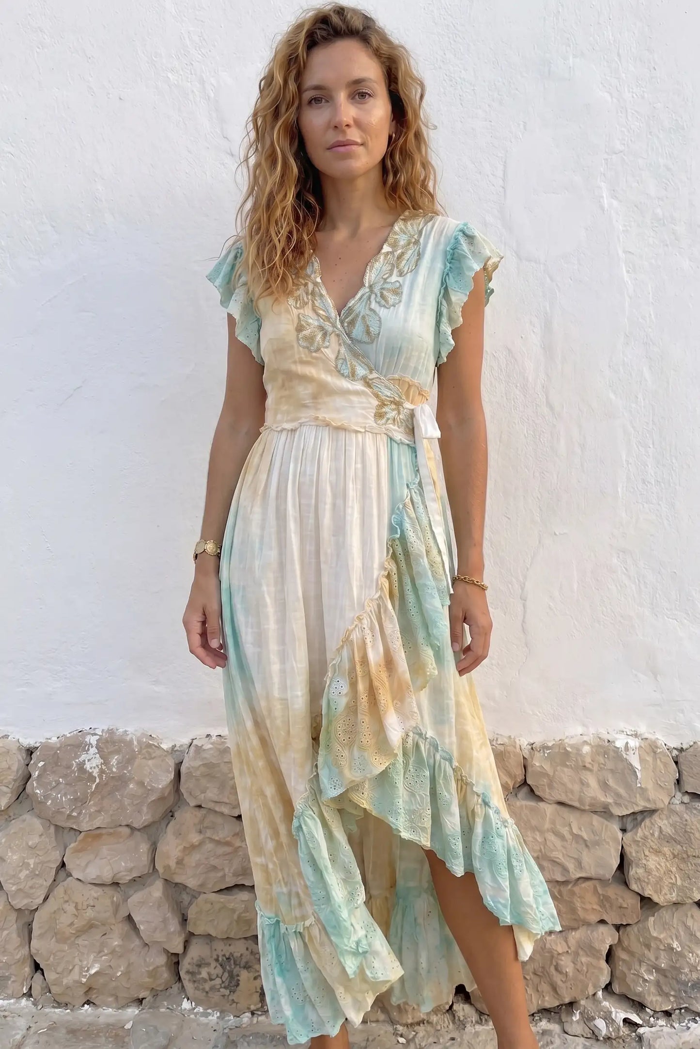 Vestido Asimétrico Turquesa de Mujer Bordado