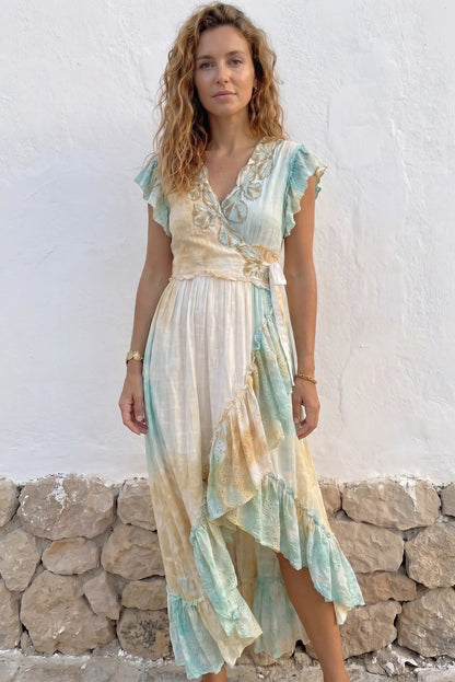 Vestido Asimétrico Turquesa de Mujer Bordado