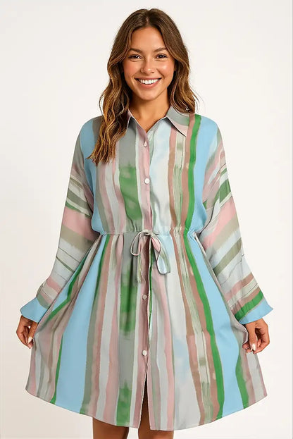 Vestido Camisero Mujer Rayas Pastel Otoño Cinturón Fluido - CHICA del Sur