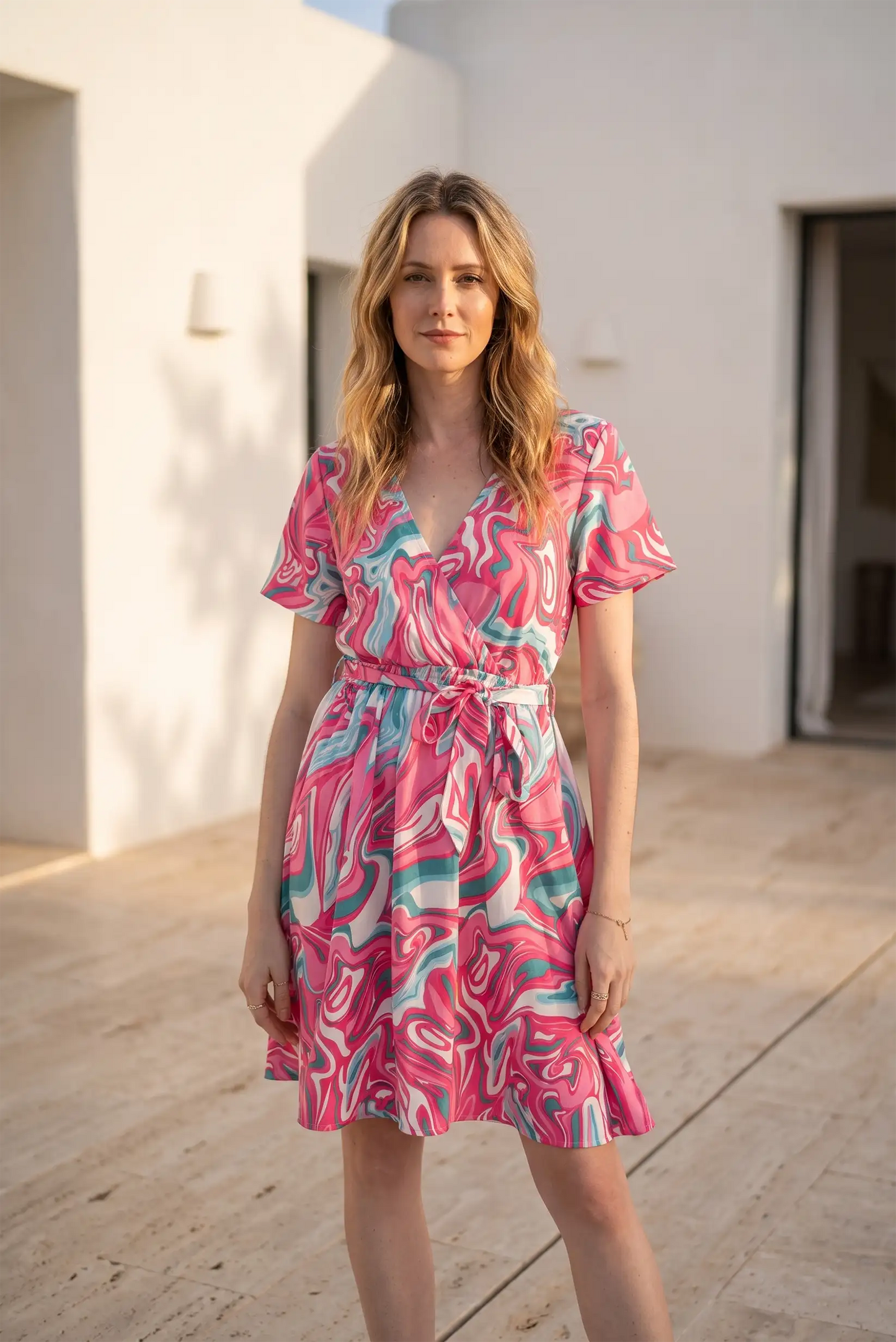 Vestido Corto Estampado Rosa y Verde Agua para Mujer