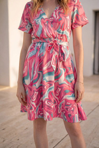 Vestido Corto Estampado Rosa y Verde Agua para Mujer