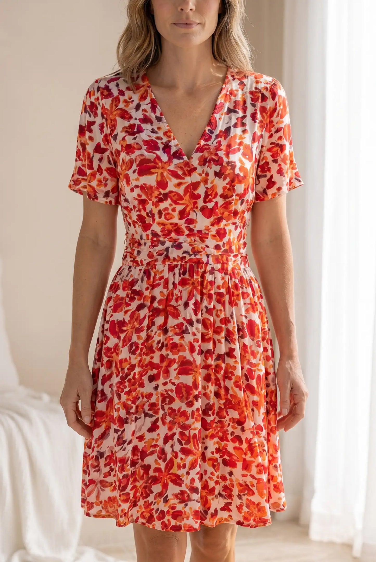 Vestido floral rojo y naranja con cuello en V y manga corta, ideal para looks casuales y estilosos.