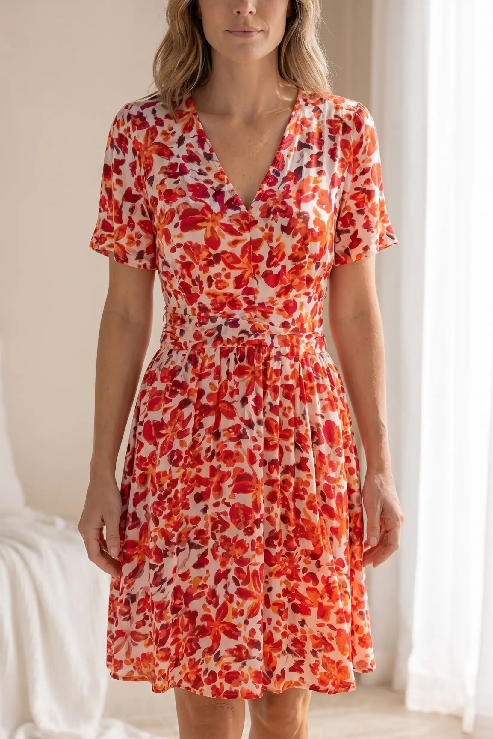 Vestido floral rojo y naranja con cuello en V y manga corta, ideal para looks casuales y estilosos.