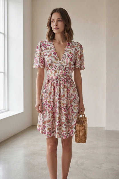 Vestido floral con cuello en V y manga corta, ideal para looks casuales y estilosos