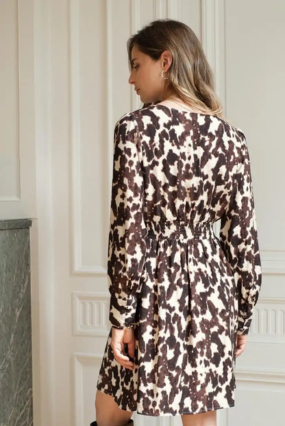 Vestido Animal Print Marrón Corto Manga Larga Corte Imperio Elegante - CHICA del Sur