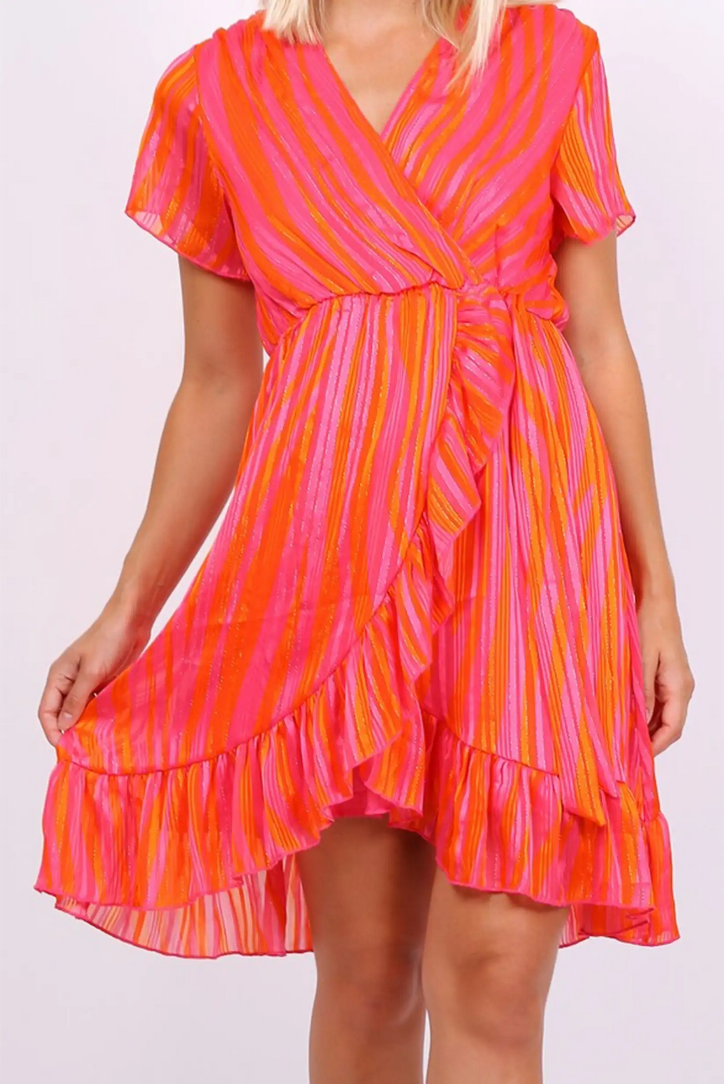 Vestido Corto Cruzado Coral y Naranja para Mujer