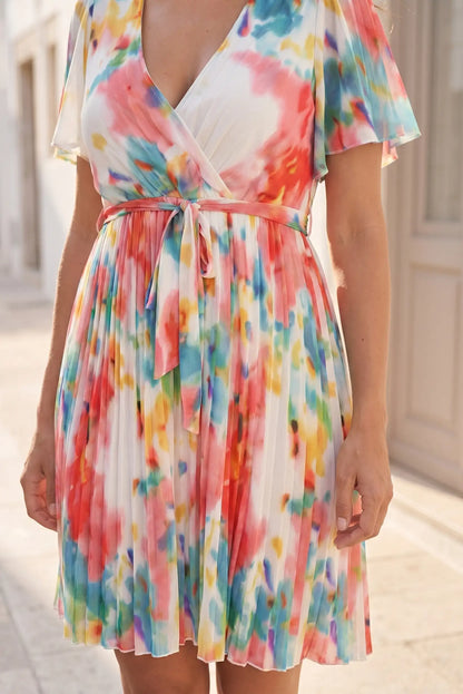 Vestido Corto Estampado Multicolor para Mujer con Falda Plisada