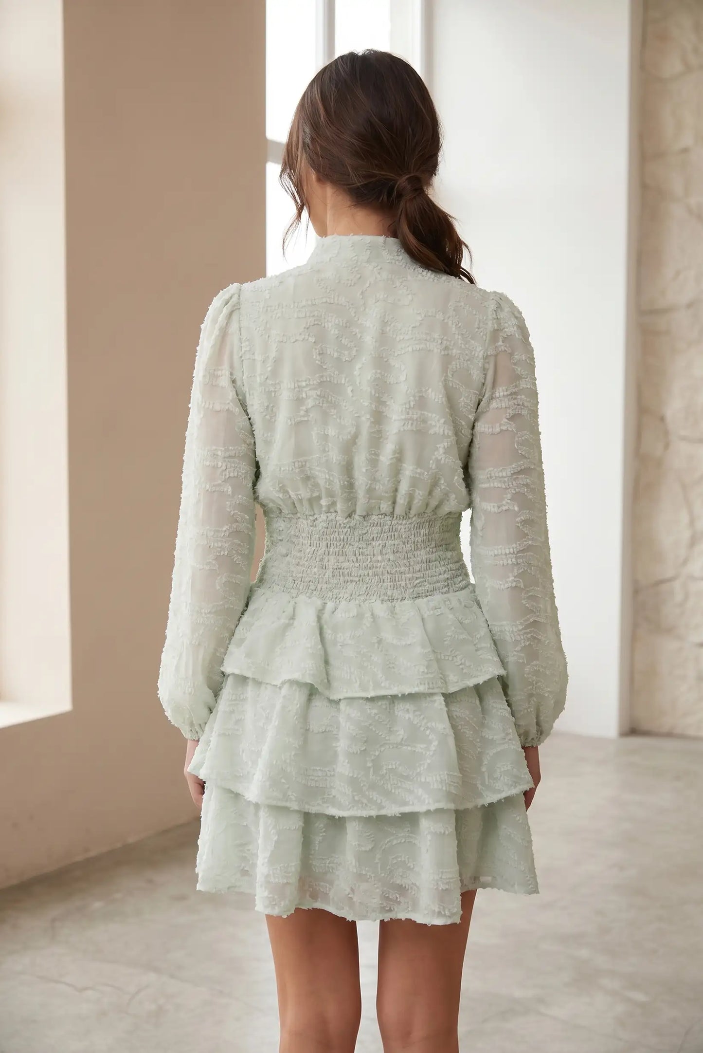 Vestido corto verde agua marino para mujer, manga larga, volantes, textura primavera