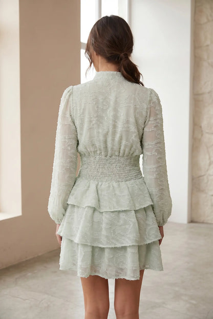 Vestido corto verde agua marino para mujer, manga larga, volantes, textura primavera