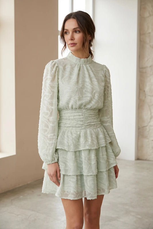Vestido corto verde agua mujer, manga larga, vuelo, estilo primavera elegante