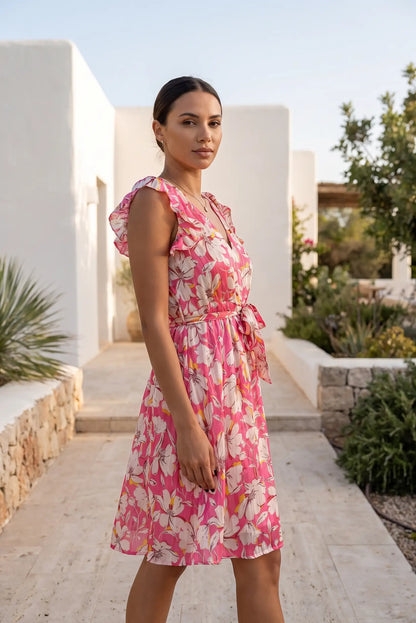 Vestido Corto Rosa Floral para Mujer con Volantes