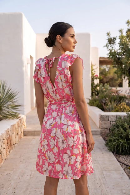 Vestido Corto Rosa Floral para Mujer con Volantes