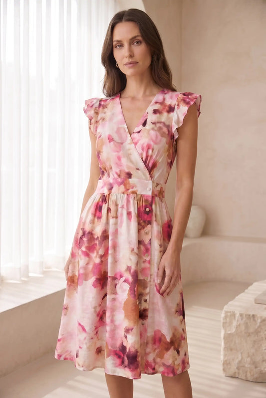 Vestido Corto Rosa Floral Mujer Escote Cruzado