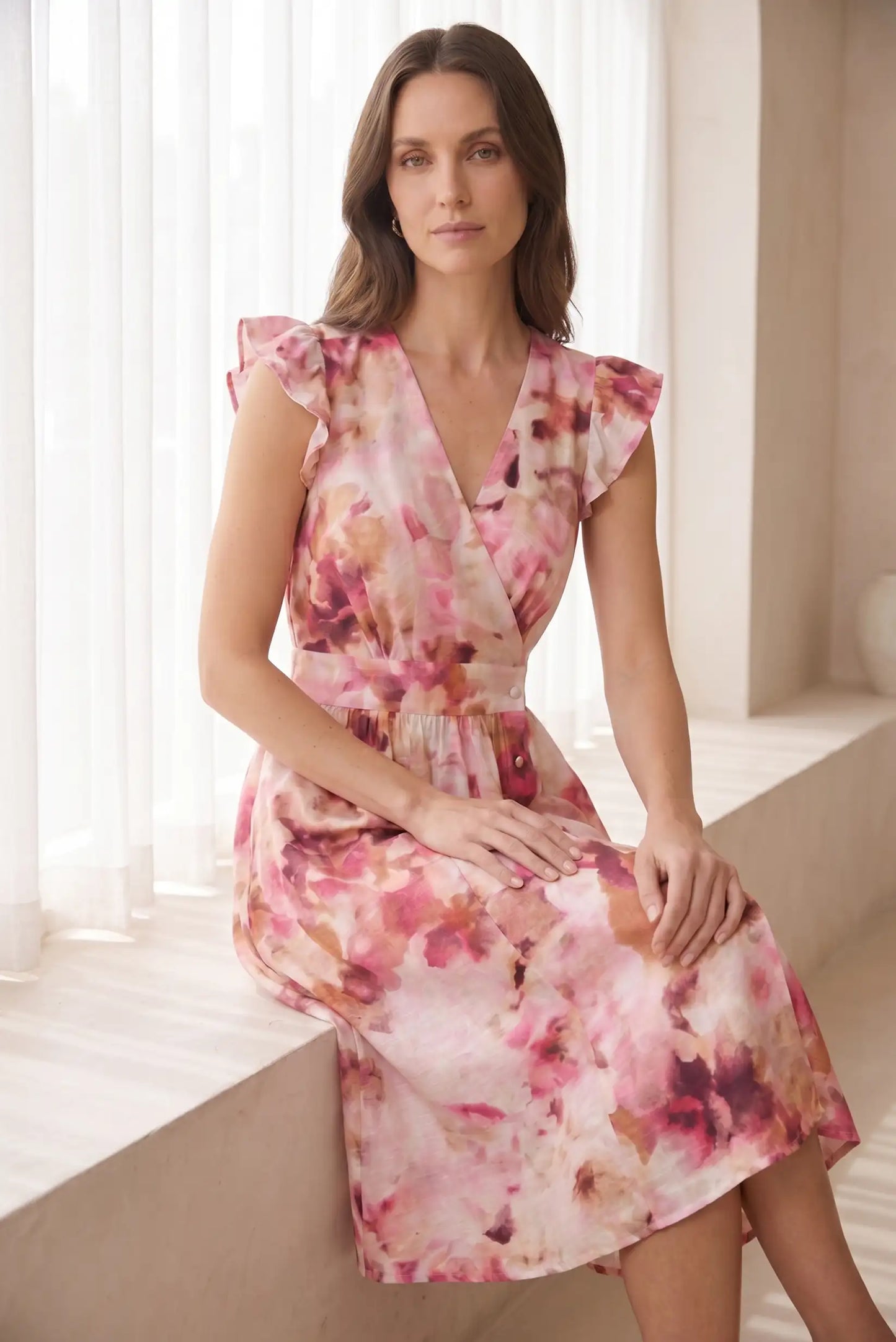 Vestido Corto Rosa Floral Mujer Escote Cruzado