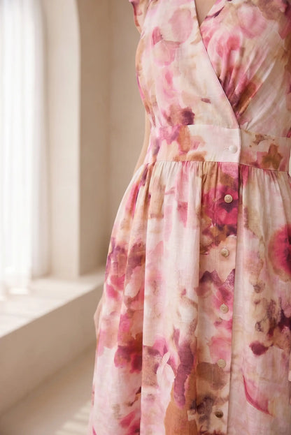 Vestido Corto Rosa Floral Mujer Escote Cruzado