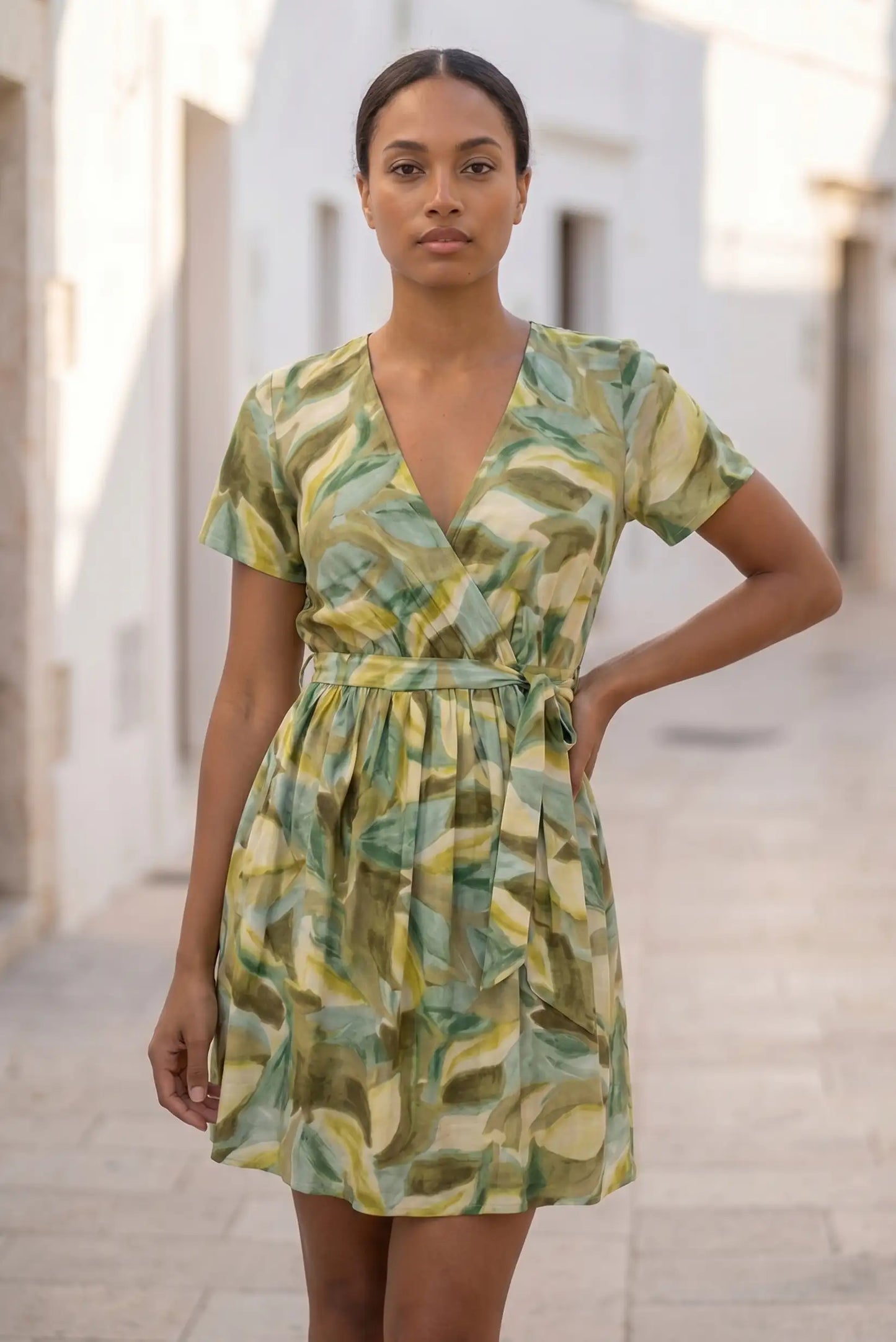 Vestido Corto Verde Estampado para Mujer con Algodón y Lino