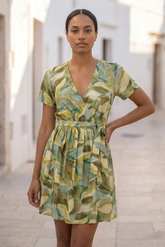 Vestido Corto Verde Estampado para Mujer con Algodón y Lino