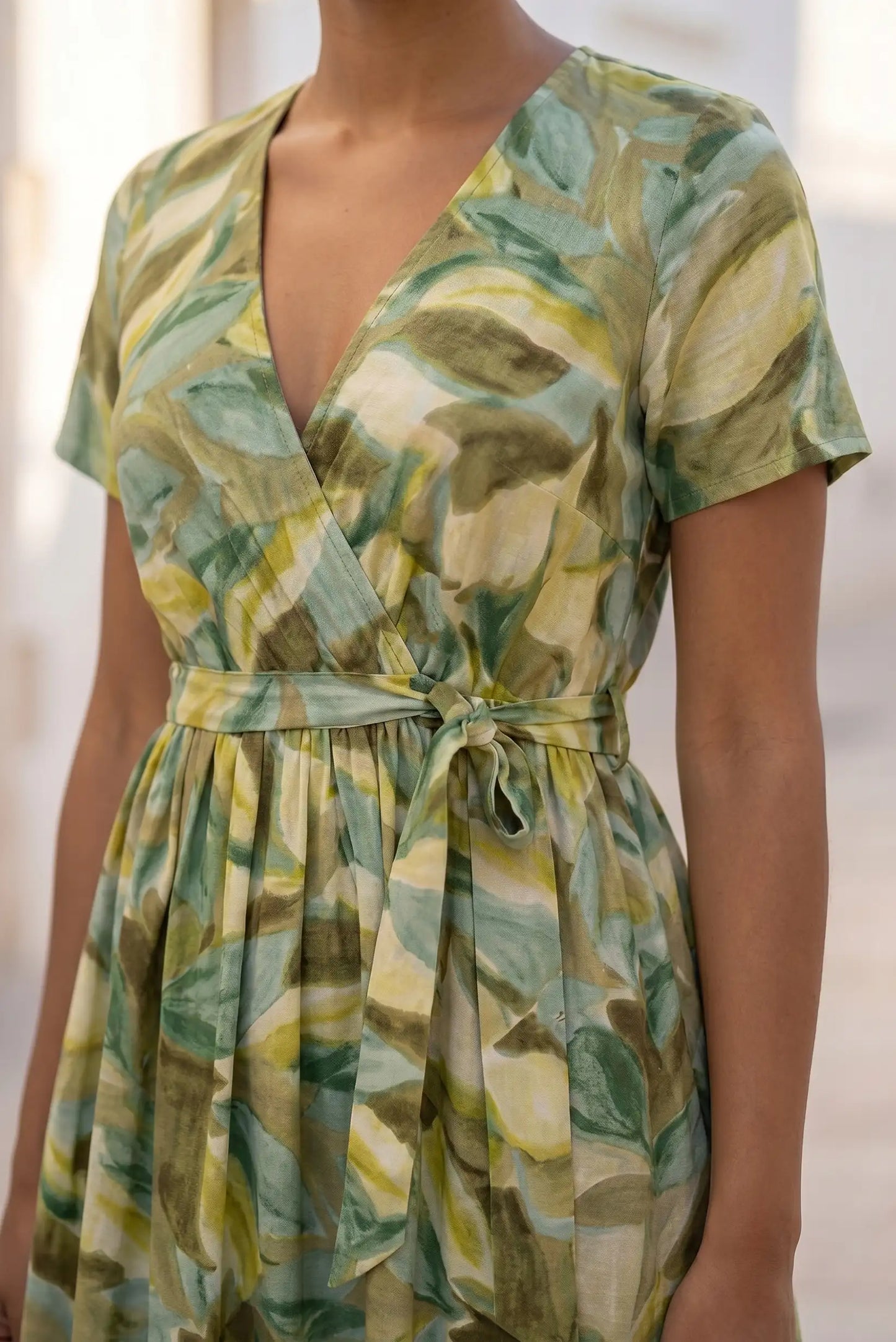 Vestido Corto Verde Estampado para Mujer con Algodón y Lino