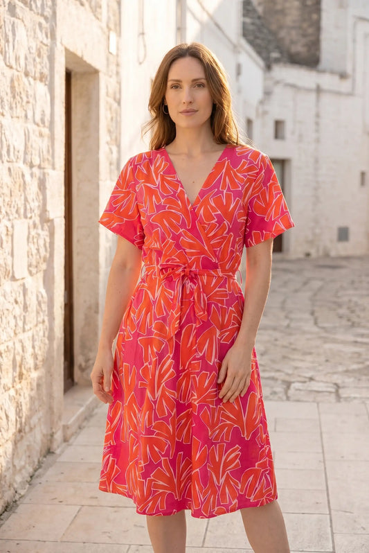 Vestido Cruzado Coral Fucsia Estampado para Mujer
