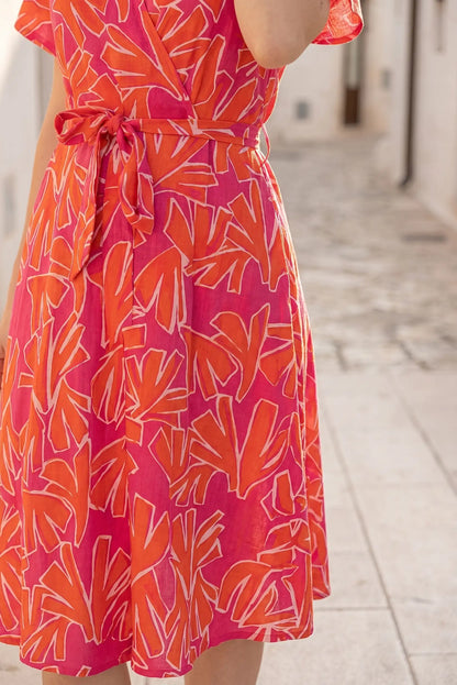 Vestido Cruzado Coral Fucsia Estampado para Mujer