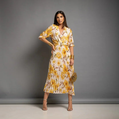 Vestido Plisado Floral amarillo con cinturón - CHICA del Sur