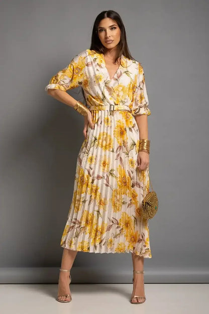 Vestido Plisado Floral amarillo con cinturón - CHICA del Sur