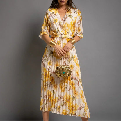 Vestido Plisado Floral amarillo con cinturón - CHICA del Sur
