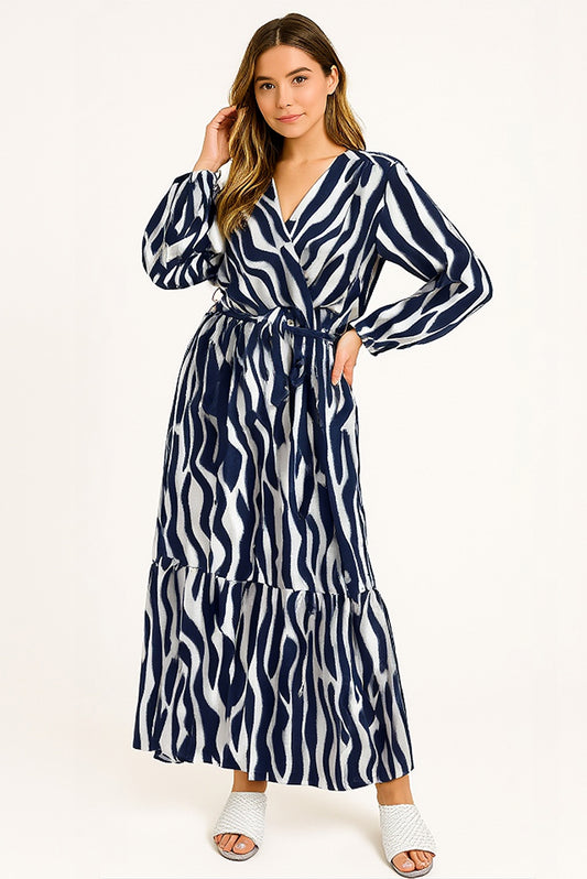 Vestido largo Azul Marino Animal Print con Cinturón Elegante Mujer - CHICA del Sur
