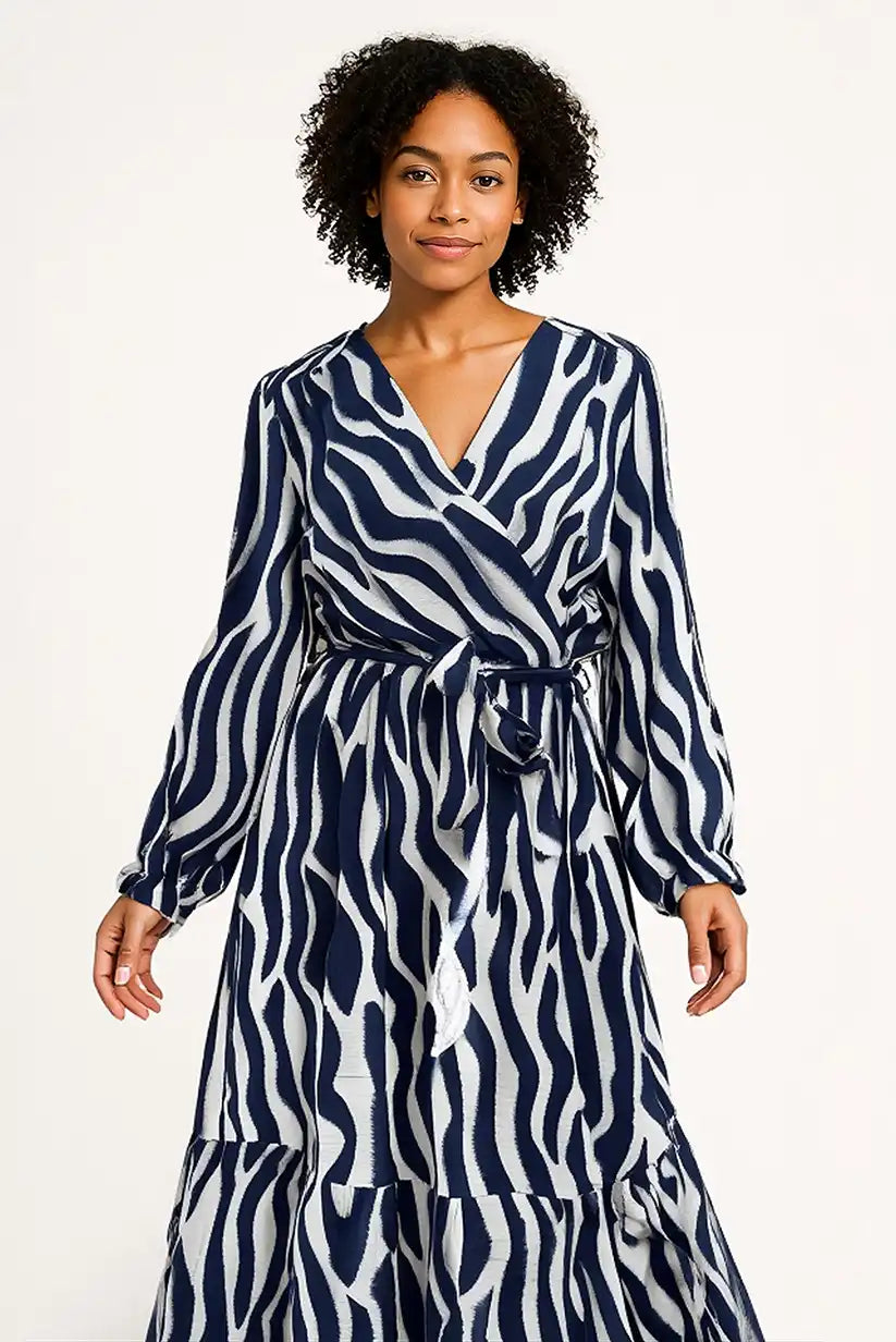Vestido largo Azul Marino Animal Print con Cinturón Elegante Mujer - CHICA del Sur