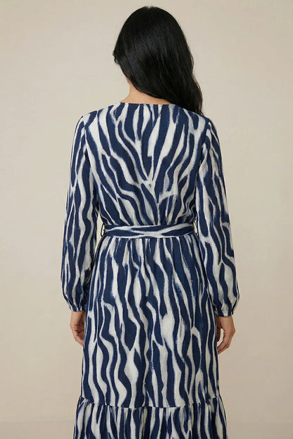 Vestido largo azul marino animal print, manga larga, moda femenina CHICA del Sur