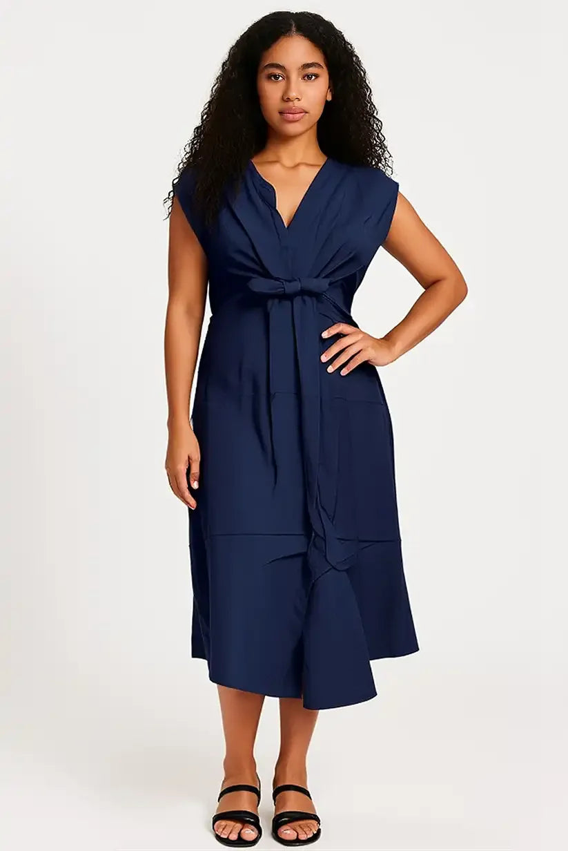 Vestido Largo Azul Marino Escote Pico con Lazo Elegante Mujer - CHICA del Sur