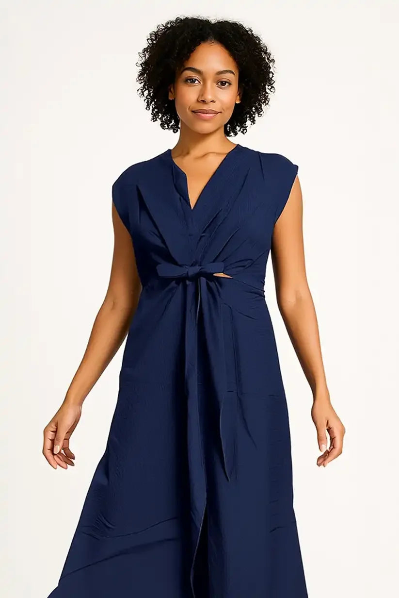 Vestido Largo Azul Marino Escote Pico con Lazo Elegante Mujer - CHICA del Sur