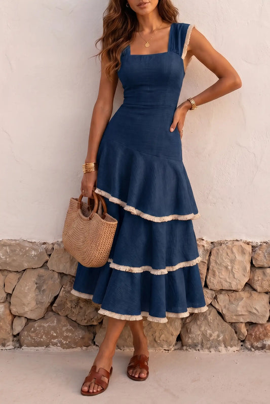 Vestido Largo Azul de Mujer con Volantes