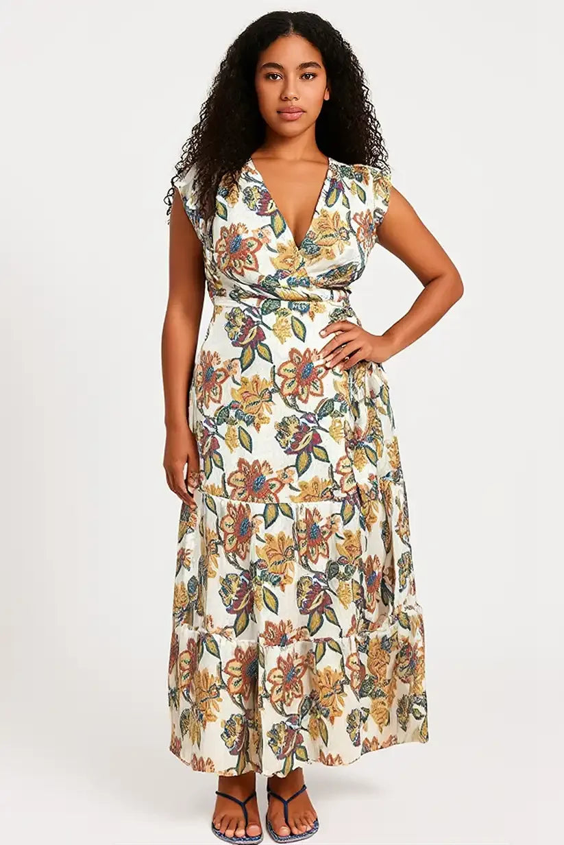 Vestido Largo Floral Camel Mostaza Mujer Elegante y Fresco Verano - CHICA del Sur