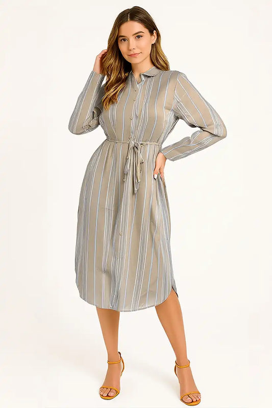 Vestido Camisero Mujer Rayas Camel Otoño Cinturón Ajustable - CHICA del Sur