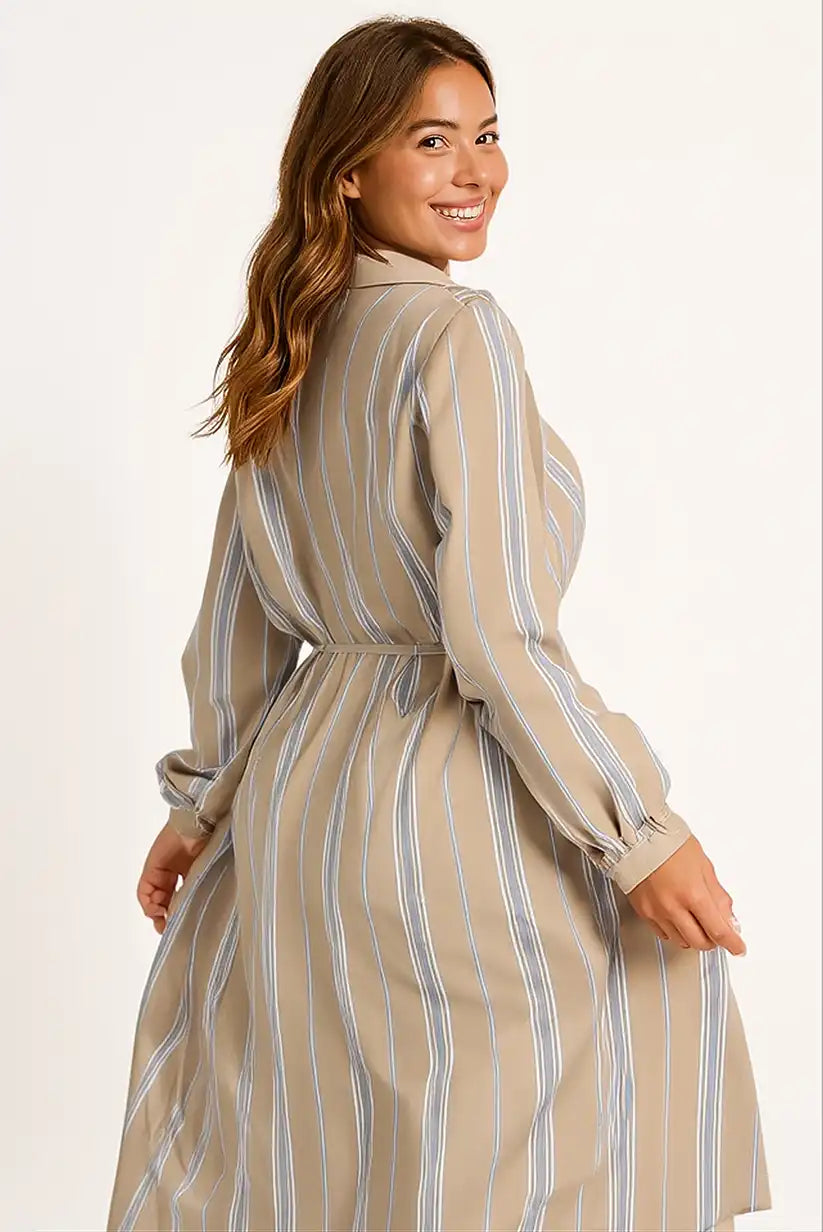 Vestido Camisero Mujer Rayas Camel Otoño Cinturón Ajustable - CHICA del Sur