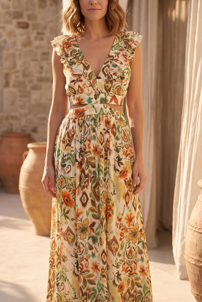 Vestido Largo Estampado Floral Verde y Ocre para Mujer