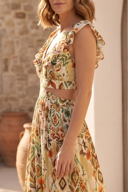 Vestido Largo Estampado Floral Verde y Ocre para Mujer