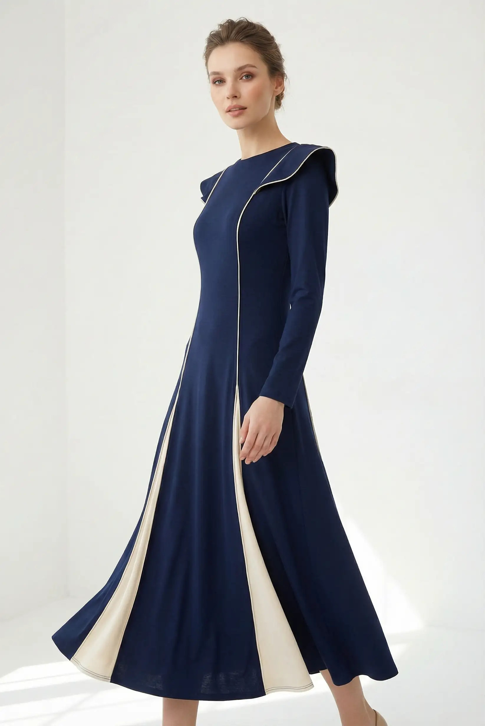 Vestido largo azul marino elegante mujer, manga larga, ideal para eventos, CHICA del Sur